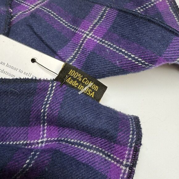 Clifton Wilson Purple Blue Plaid 100% Cotton Pocket Square With Button New - Picture 5 of 6